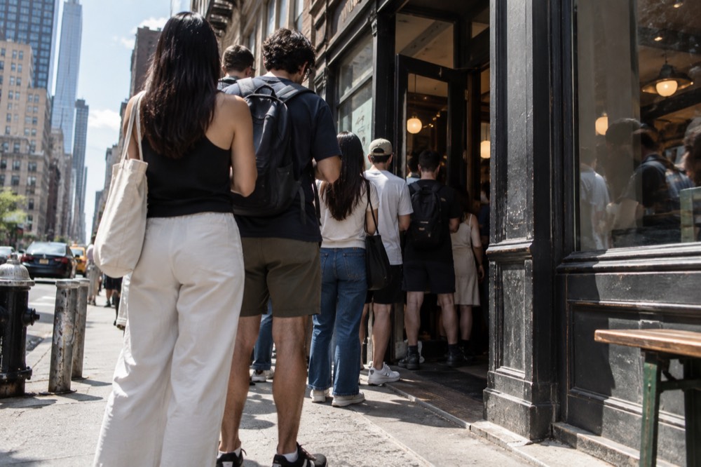 A line of customers waiting outside a pizzeria door on a New York street