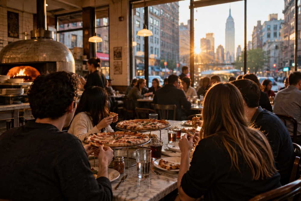 A table of diners sharing several pizzas inside a busy New York pizzeria