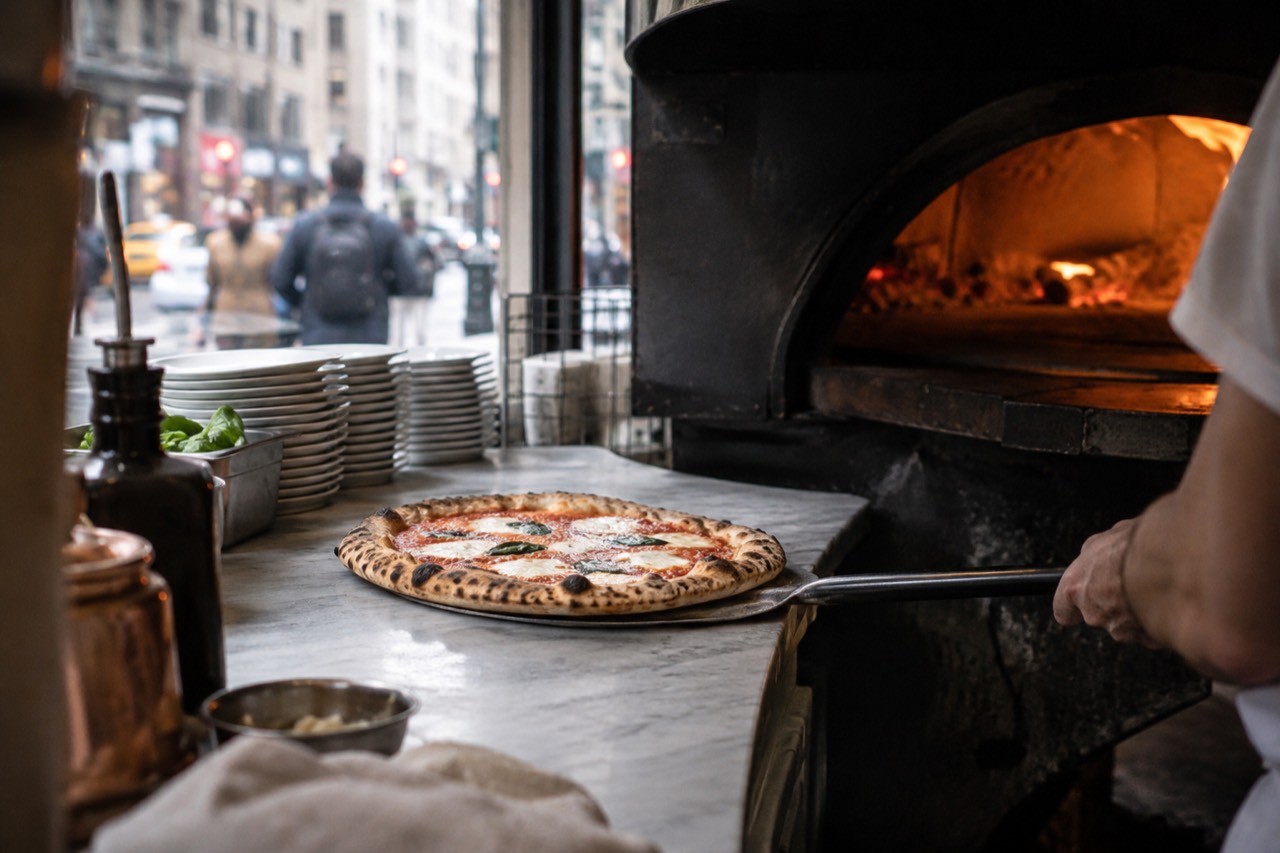 A fresh pizza pulled from a wood-fired oven on a marble counter in a New York pizzeria