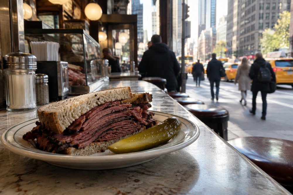 Sliced pastrami on rye bread with a pickle on a deli counter