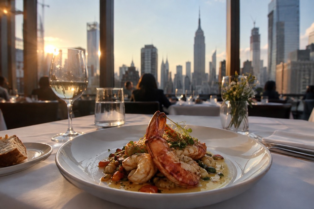 An elegant plated seafood dish on a white tablecloth in a fine dining restaurant