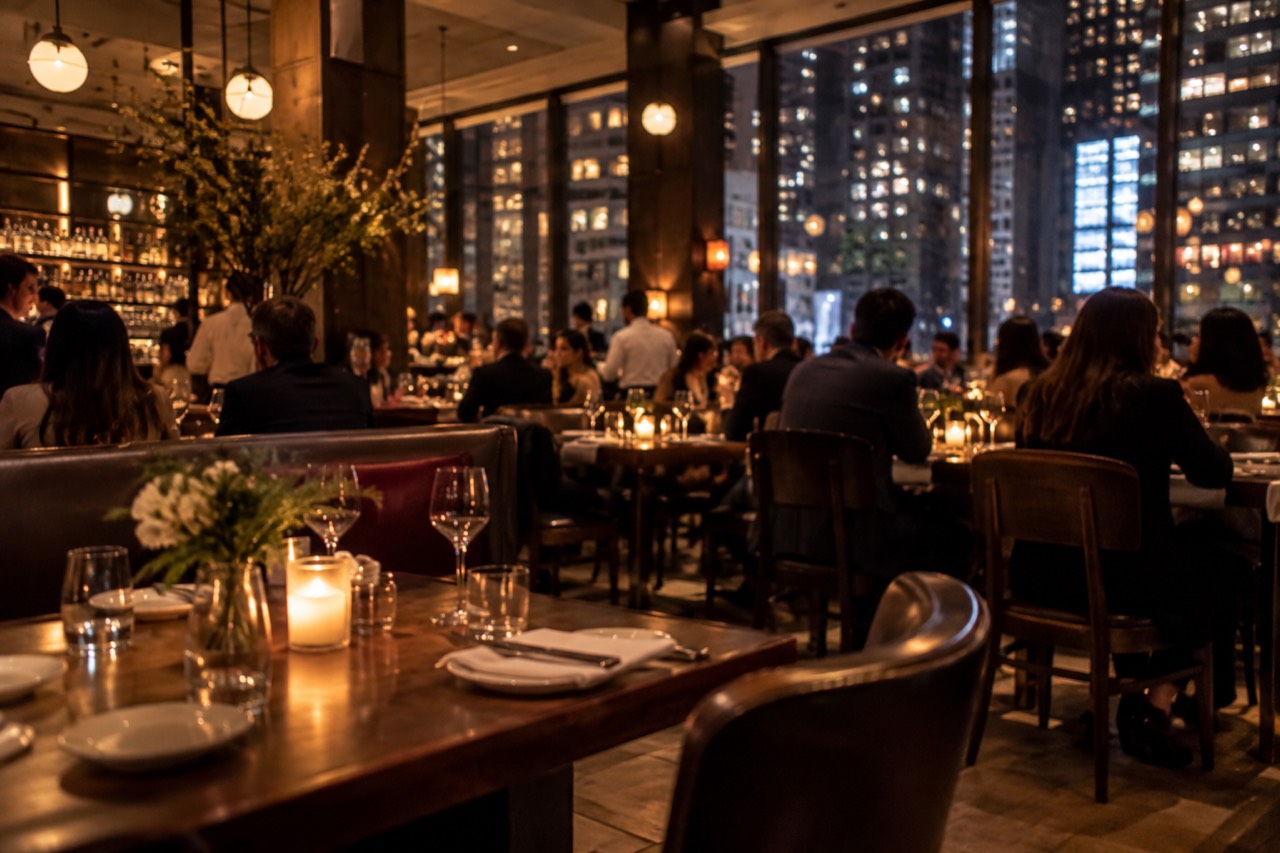 A busy New York restaurant dining room at night with tables of diners and warm lighting