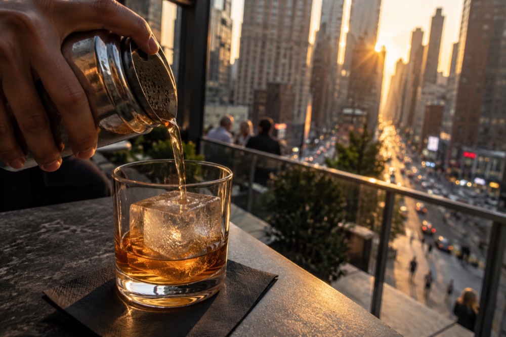A close-up of a cocktail being poured over a large ice cube