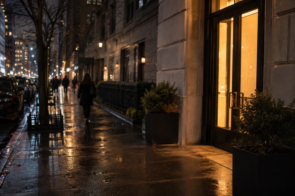 A quiet city sidewalk at night with a warm light glowing from a doorway