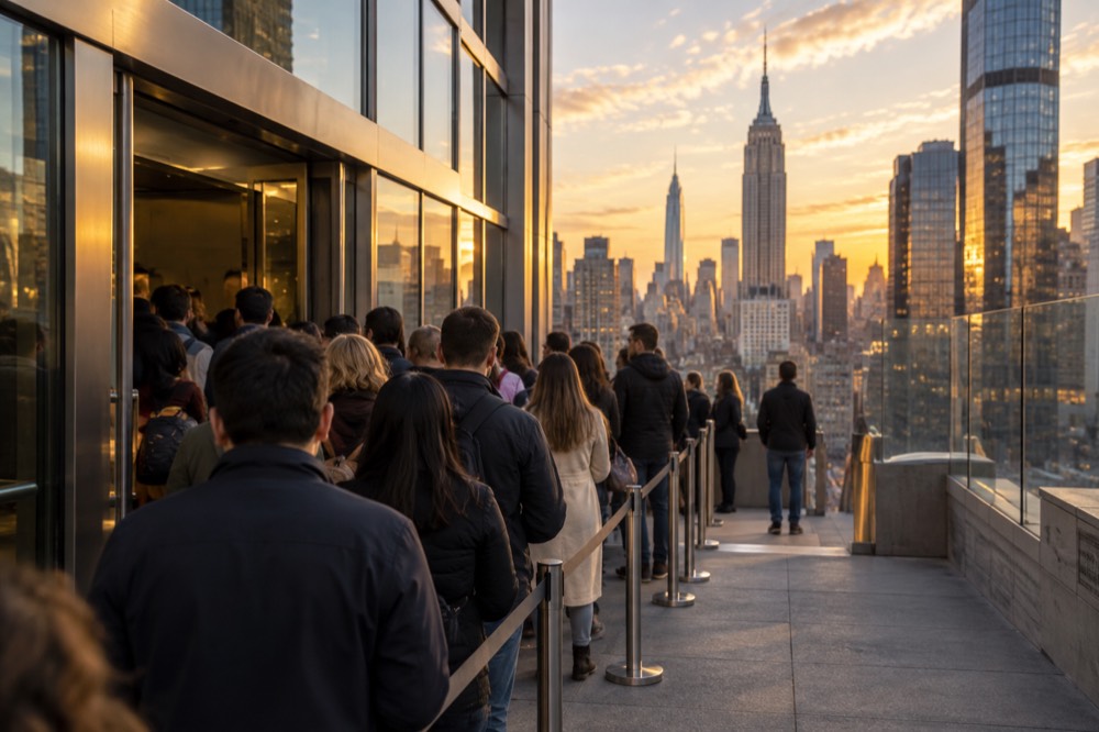 A queue of visitors waiting at an observation deck entrance in the evening