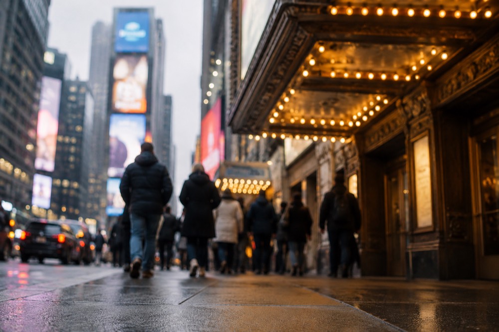 The exterior of a Broadway theatre at night with the playbill lit up under the marquee