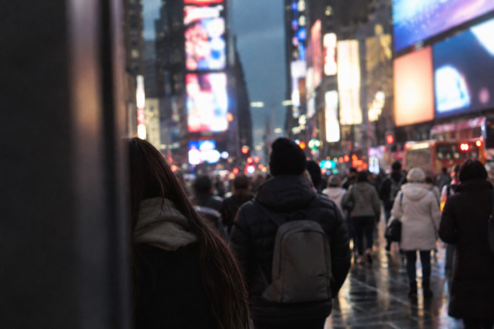 A crowded Times Square street at night with theatre signs glowing on every side