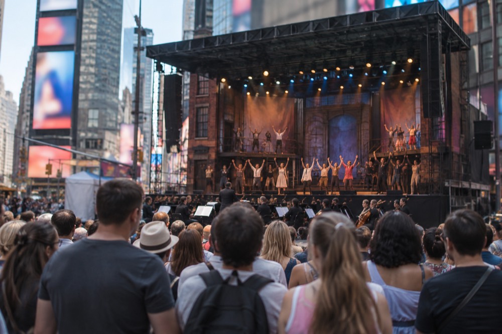 A wide view of a Broadway stage lit for a musical performance with the orchestra pit in front