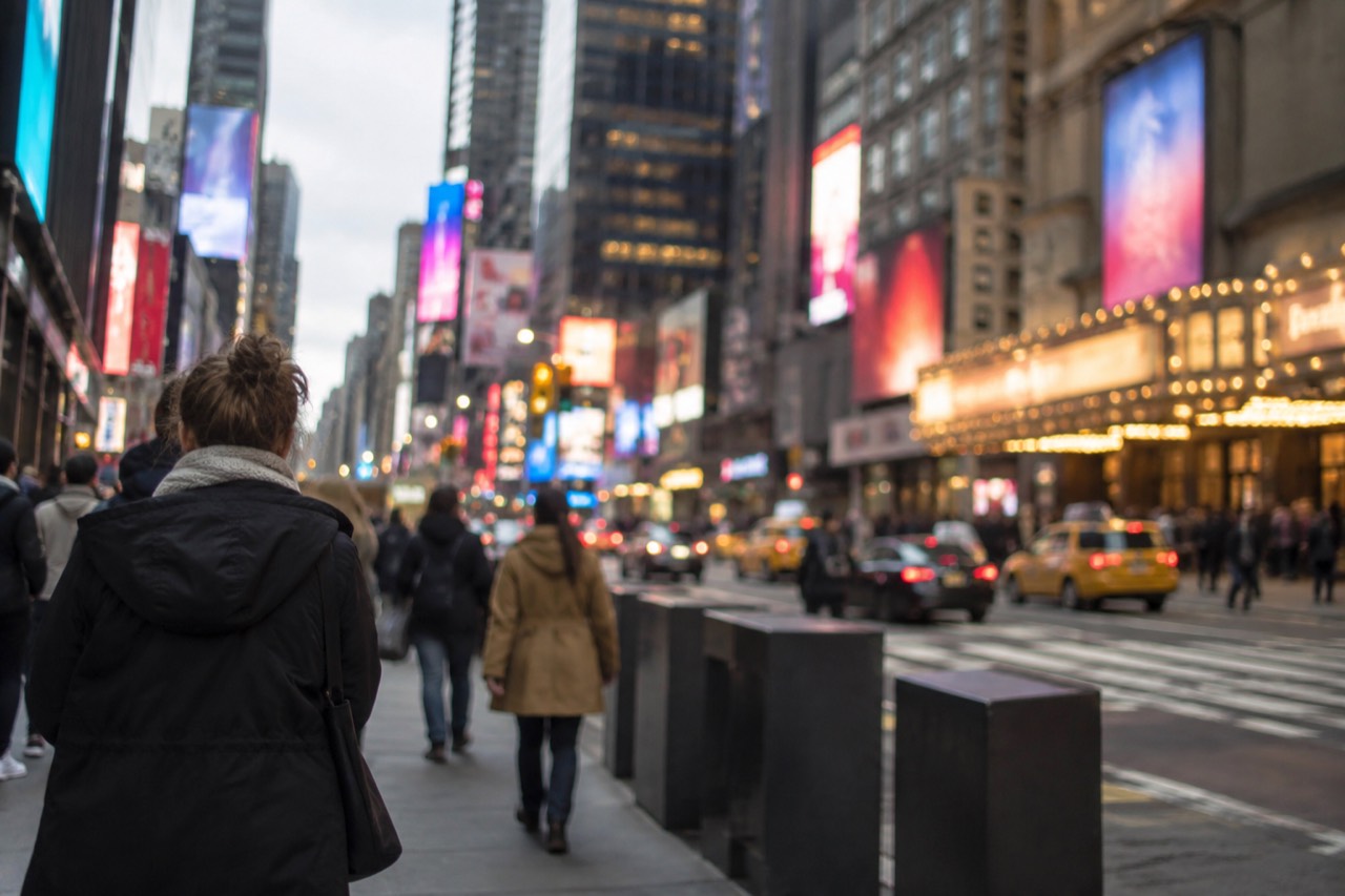 A brightly lit Broadway theatre marquee glowing above a busy Theater District sidewalk at dusk