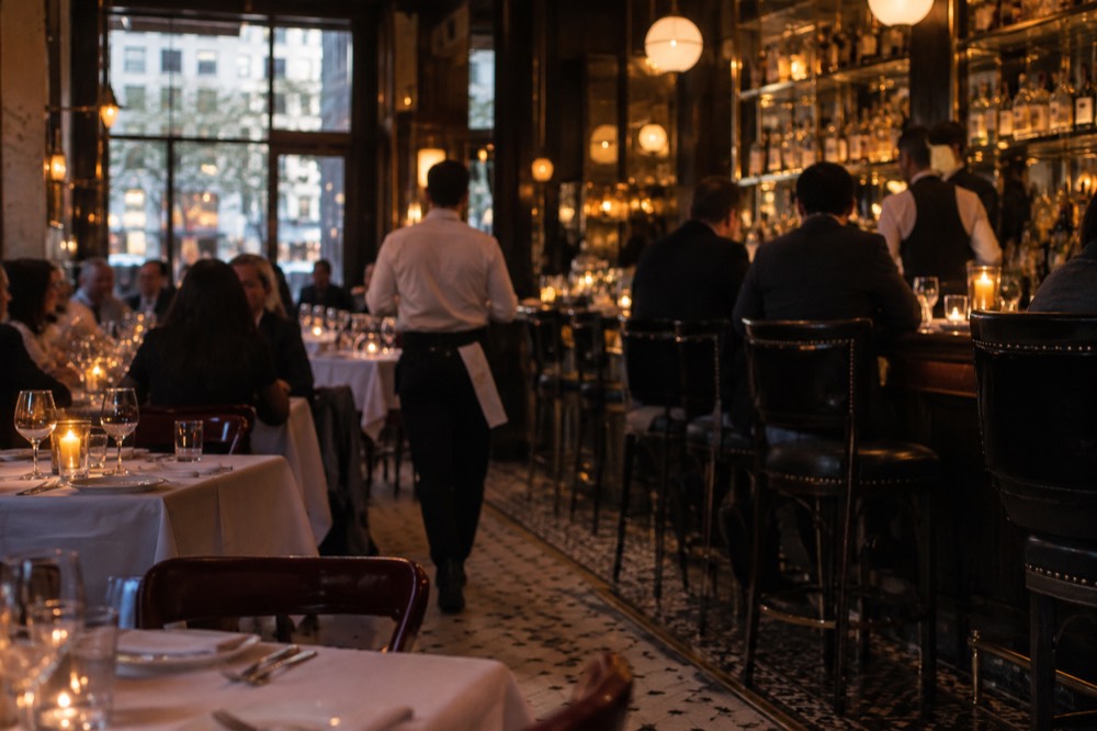 A candlelit dining room in a New York restaurant with white tablecloths and a bustling bar