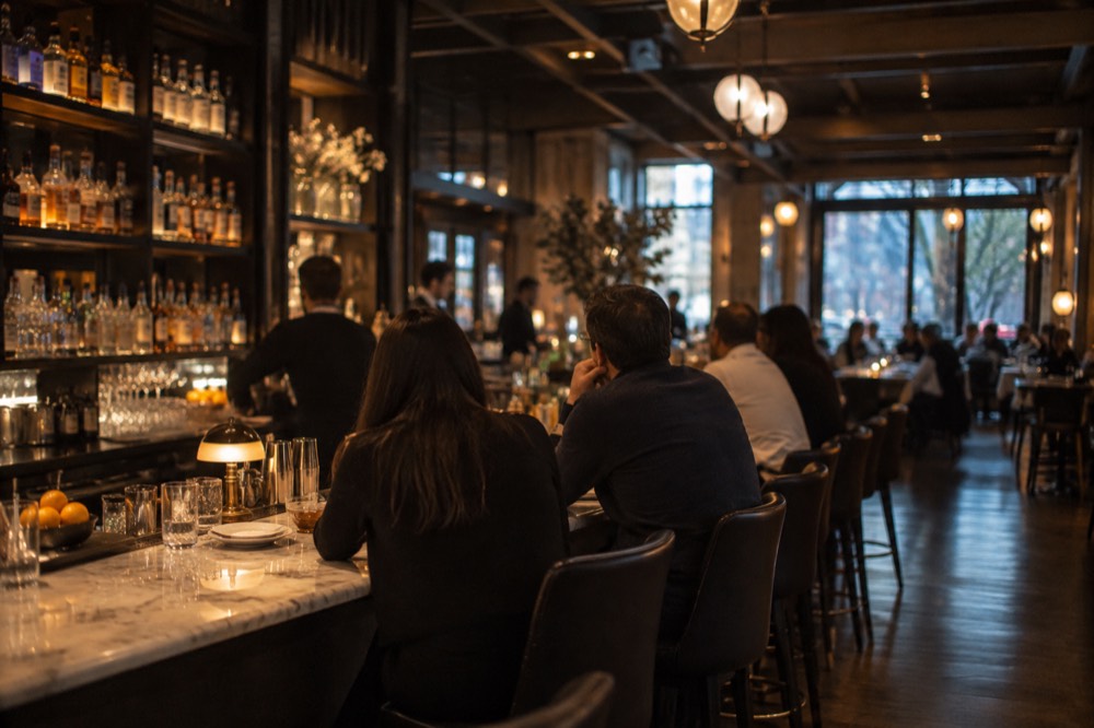 Diners seated at a long marble bar in a dimly lit Manhattan restaurant