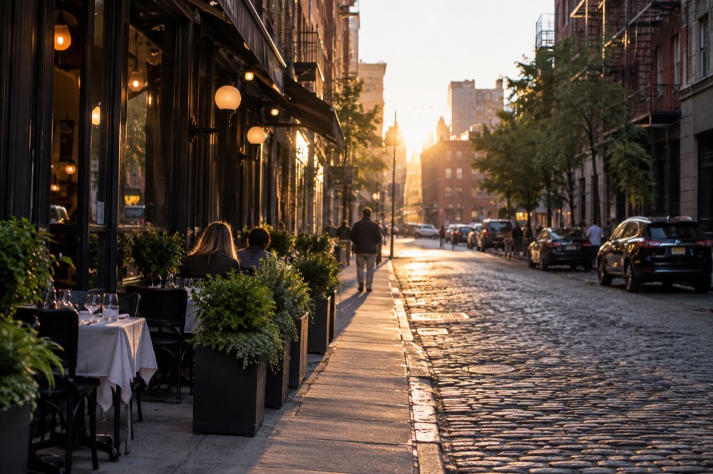 Evening light on a cobblestone street in Tribeca with restaurant awnings