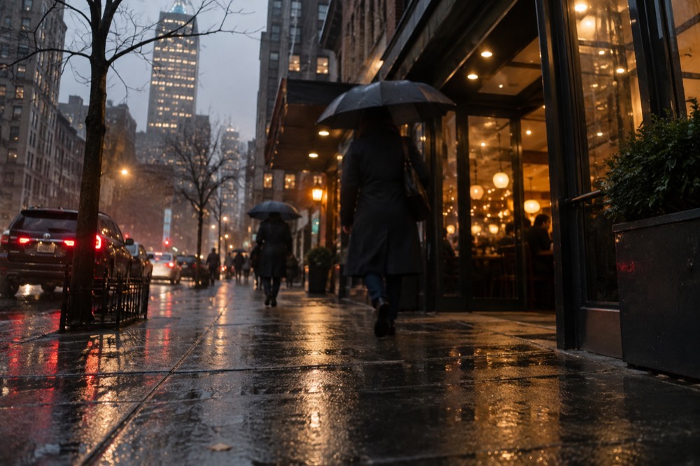 A rainy evening outside a lit restaurant entrance on a Manhattan side street