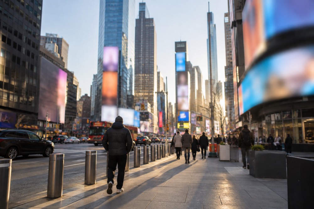 The illuminated marquees of Broadway theaters glowing along a New York street at dusk