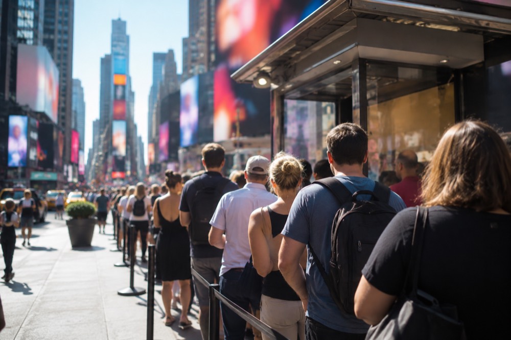 A crowd of theatergoers queuing at a discount ticket booth in Times Square