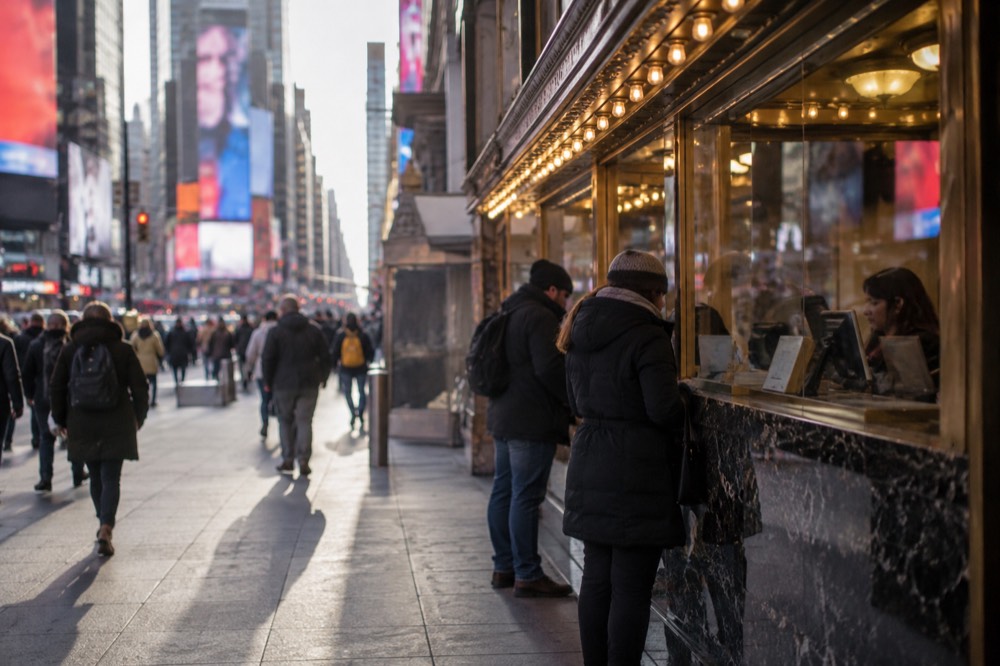 A Broadway theater box office window with ticket prices displayed on a marquee