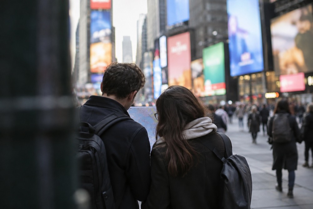 A couple studying a Broadway show poster on a theater district sidewalk at night