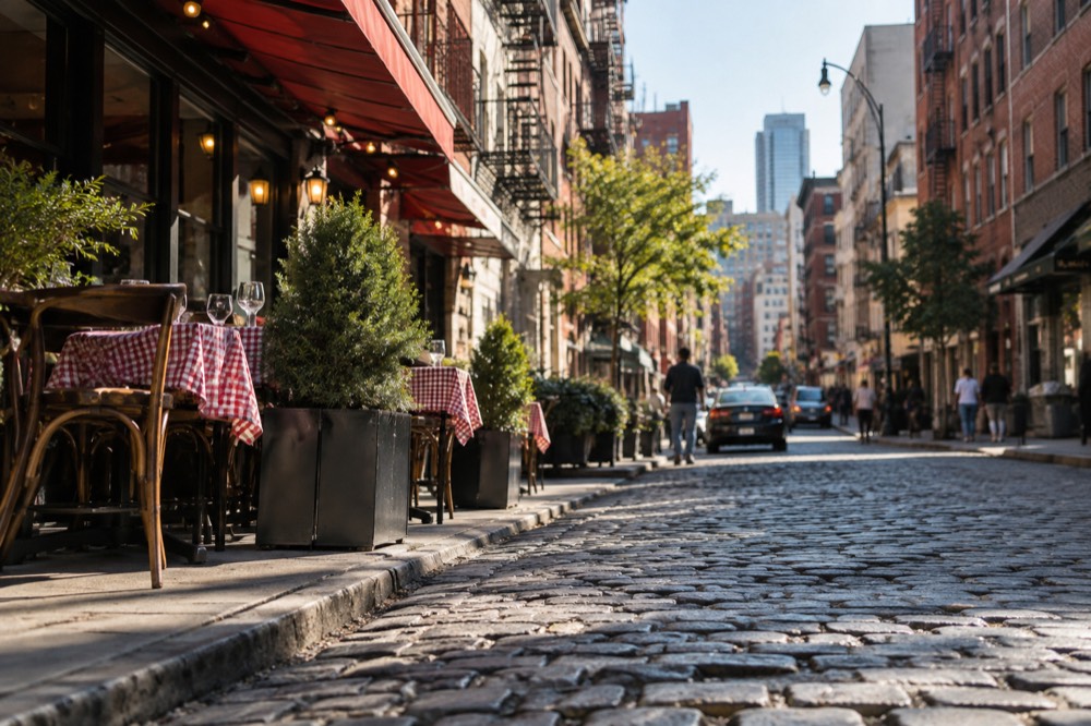 Cobblestone Mulberry Street with restaurant awnings in Little Italy