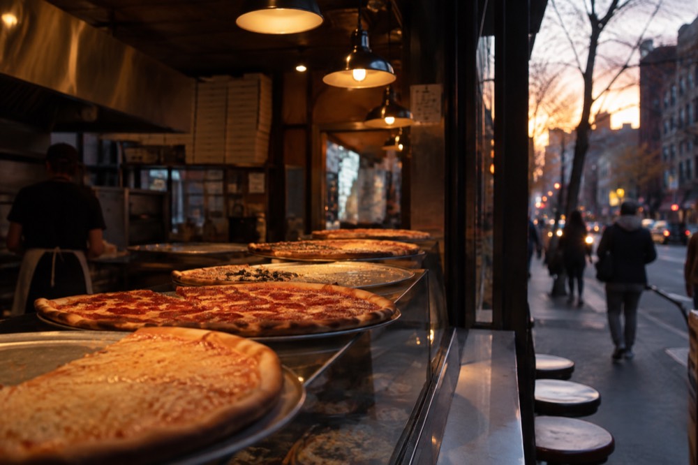 A slice shop counter in Greenwich Village at dusk