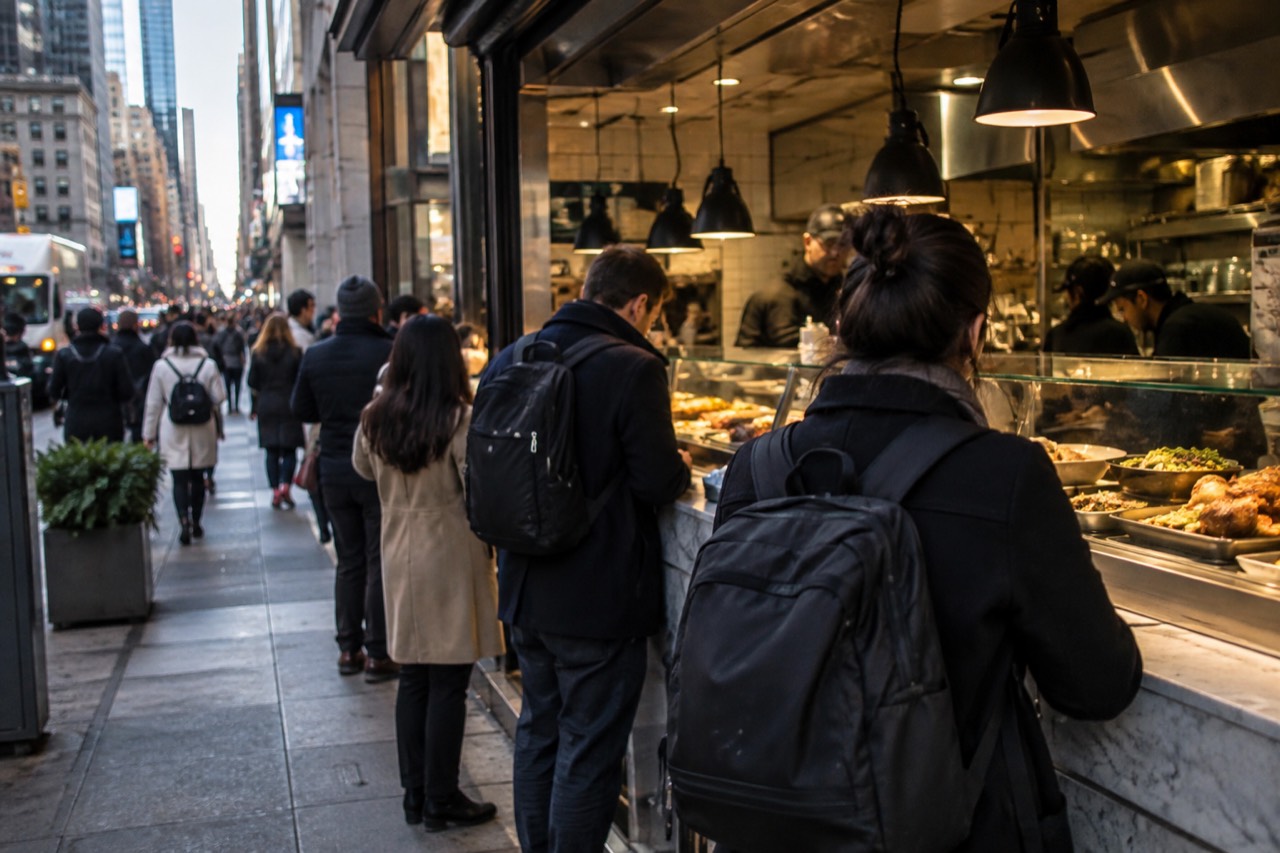 A busy New York food counter with customers ordering at lunchtime