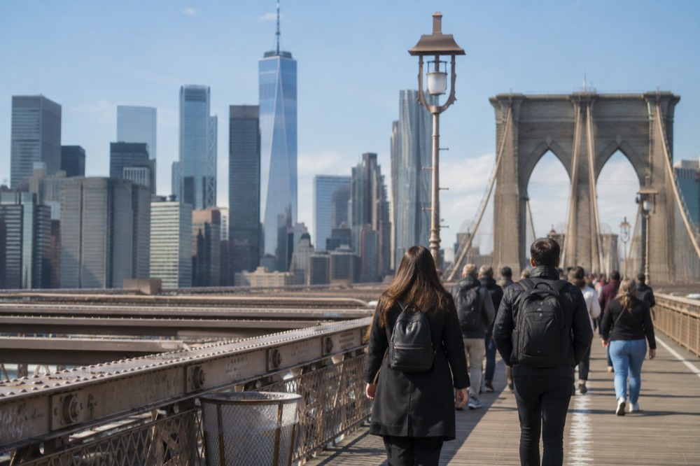 People walking across the Brooklyn Bridge promenade with the Manhattan skyline behind them