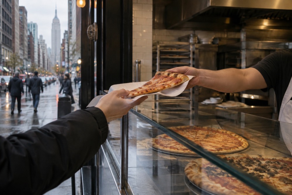 A slice of pizza being handed over the counter of a small New York pizzeria