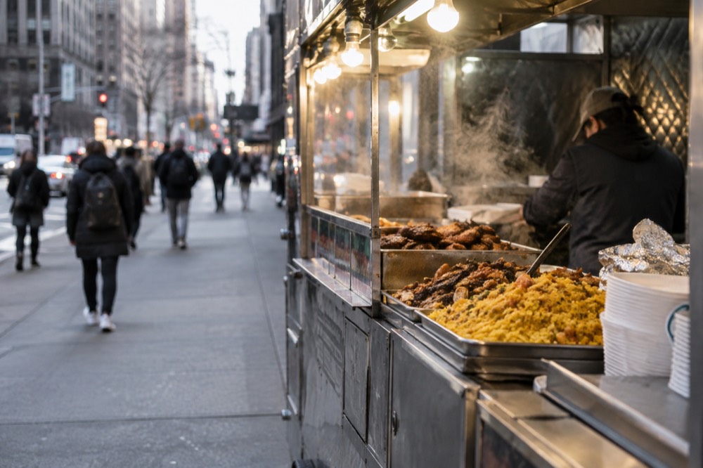A halal food cart serving rice and meat plates beside a New York sidewalk