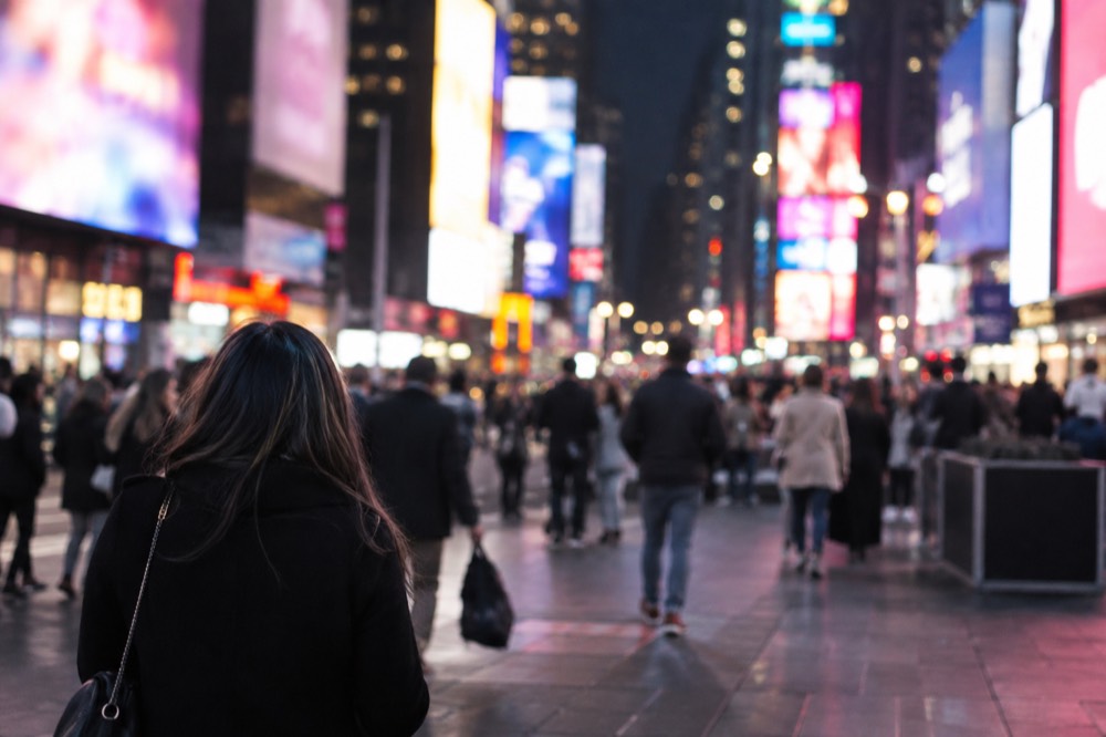 Times Square lit up at night with crowds on the pedestrian plaza