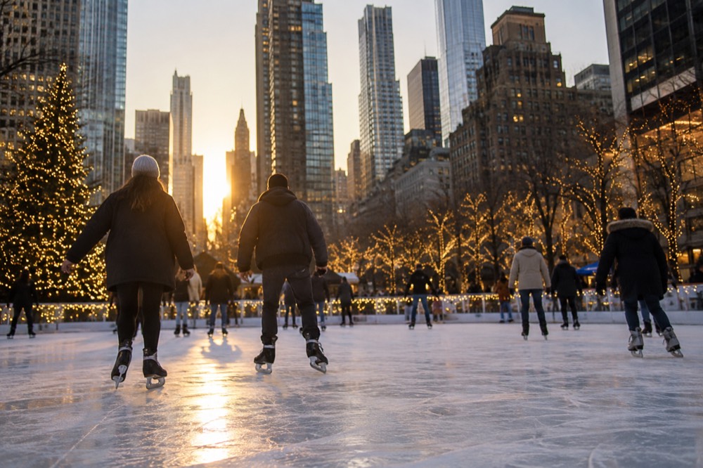 Ice skaters circling an outdoor rink surrounded by skyscrapers and holiday lights