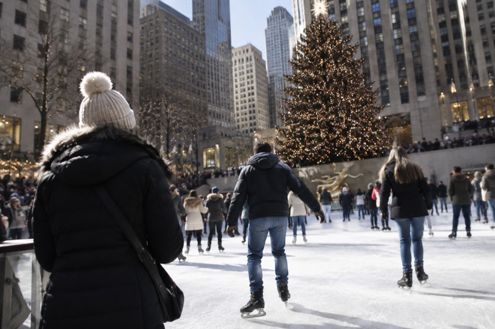 Skaters and spectators around a large lit Christmas tree in a Manhattan plaza