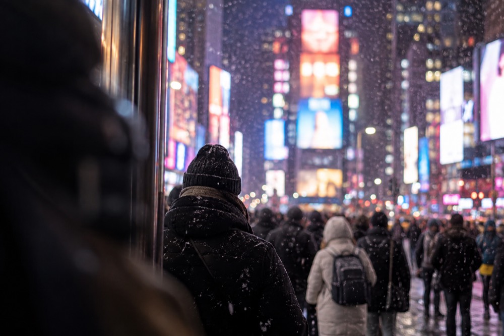 Crowds gathered in a brightly lit Times Square under falling light snow at night