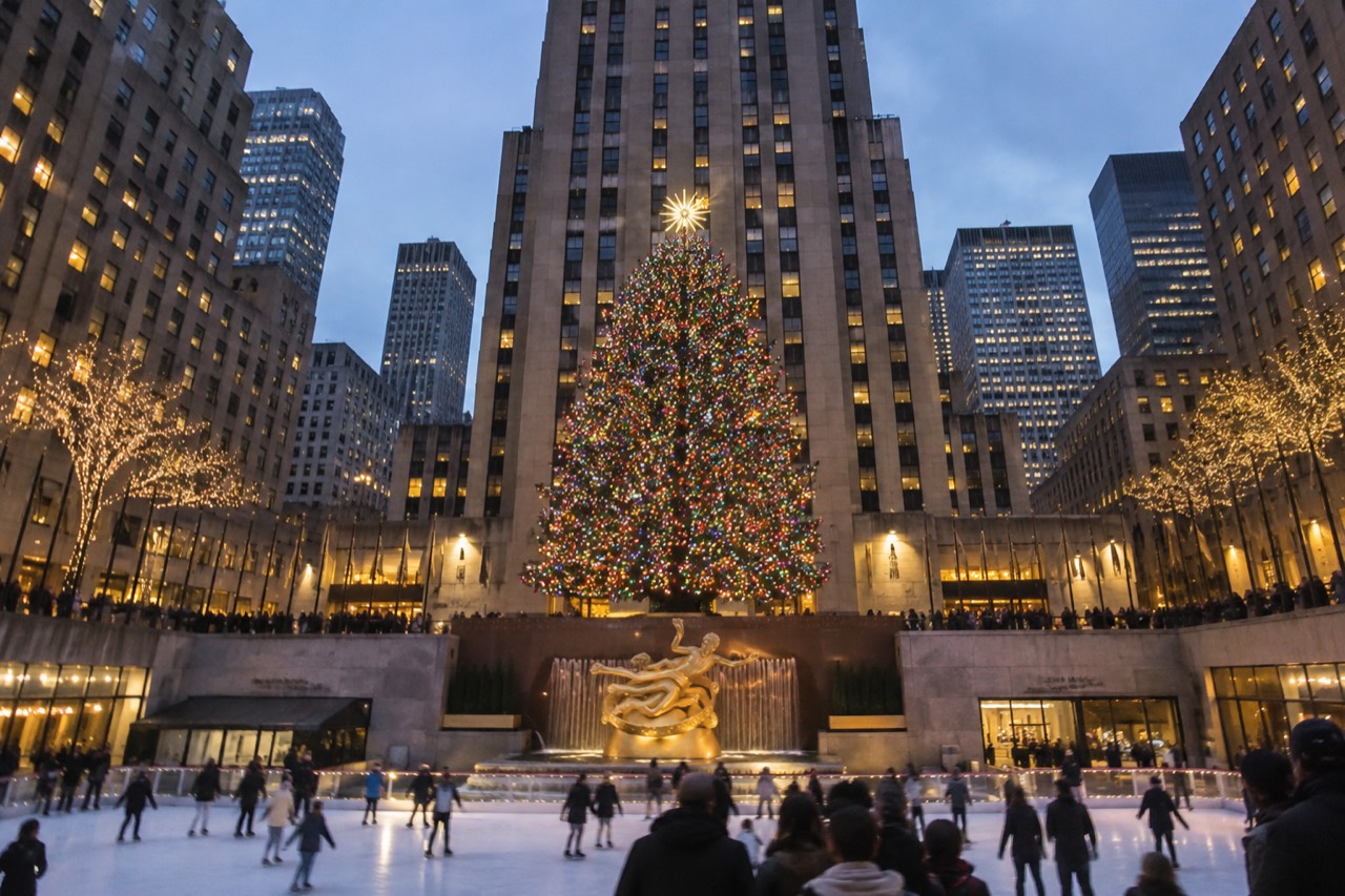 The Rockefeller Center Christmas tree glowing above the ice rink at dusk