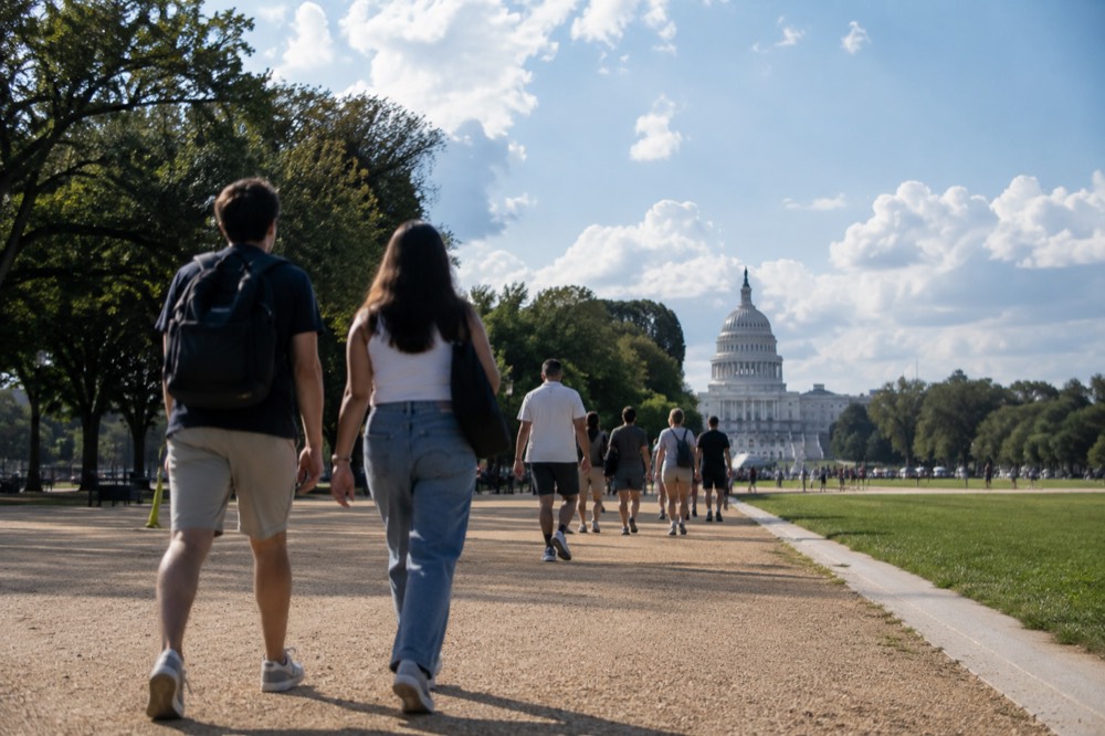 Tourists walking along the National Mall toward the US Capitol on a clear day