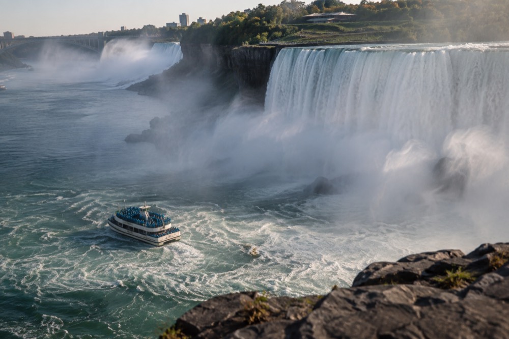 A boat full of visitors in ponchos approaching the base of Niagara Falls