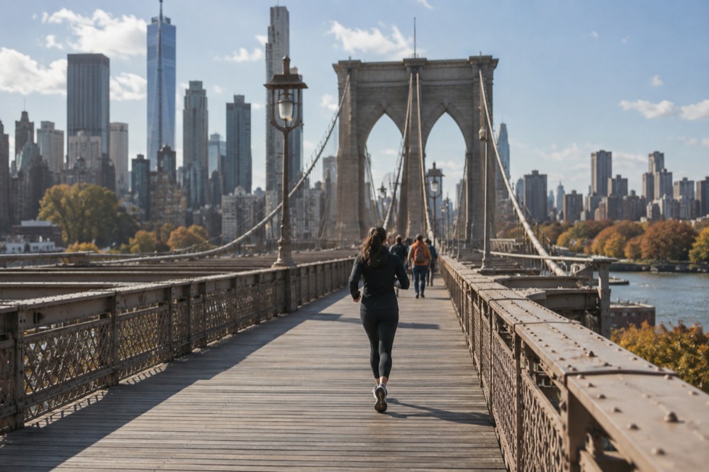 A pedestrian bridge spanning a wide river with fall colors on both banks