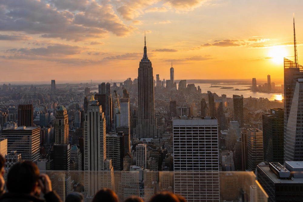 The Manhattan skyline seen from Top of the Rock with the Empire State Building in the center of the frame