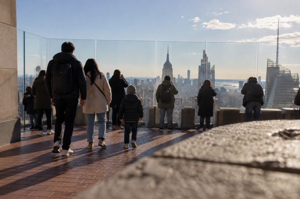 Families and visitors walking through the observation levels at Rockefeller Center