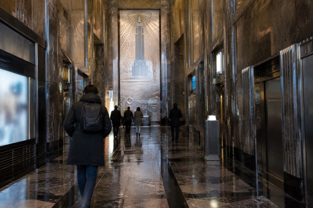 The art deco lobby and elevator banks of the Empire State Building