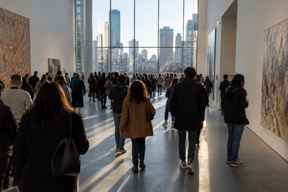 A crowd of visitors filling a modern gallery corridor on a free evening