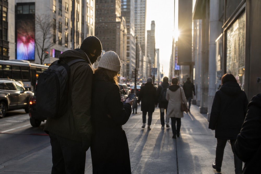 Two visitors checking a phone map outside a museum entrance on a city street