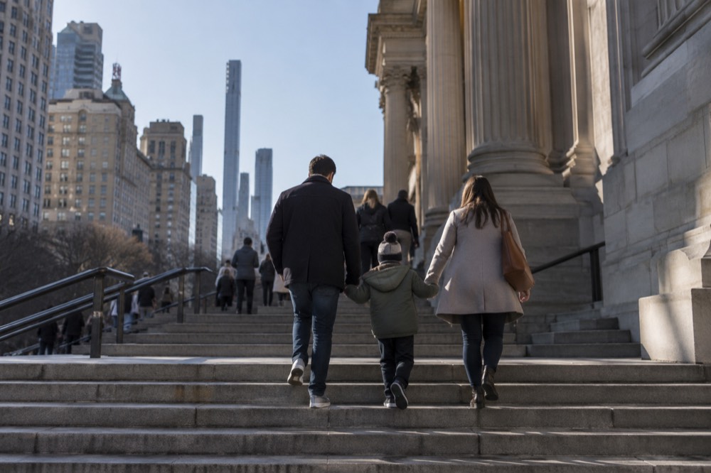A family walking up museum steps in late afternoon light