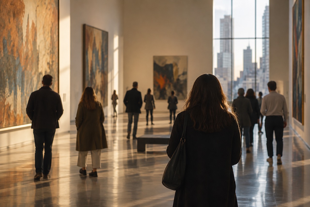 Museum visitors walking through a bright gallery with large paintings on the walls