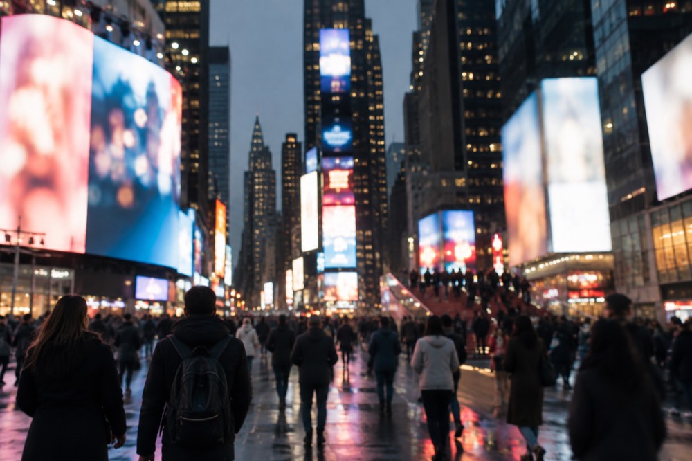 A large public square at night filled with glowing billboards and crowds of people