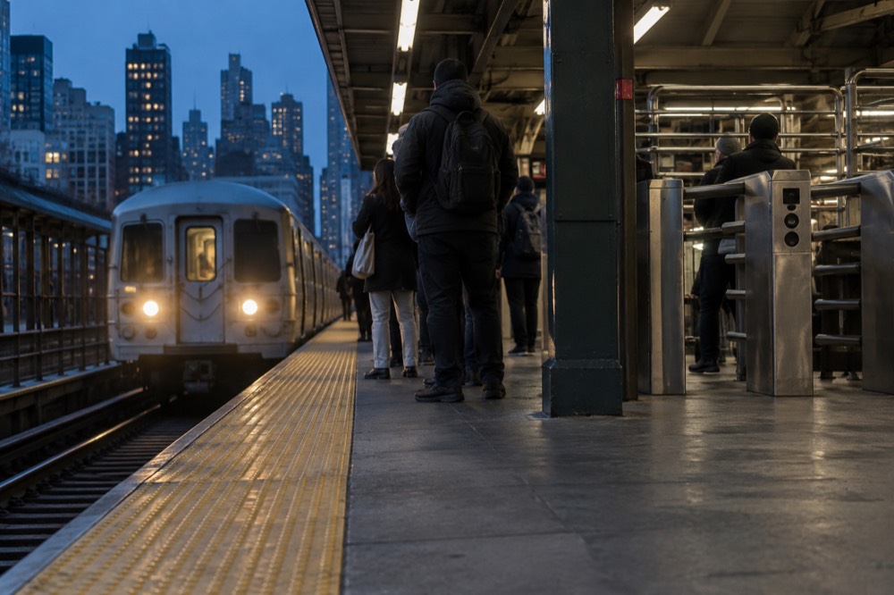 A subway platform with a train arriving and passengers waiting near a turnstile row