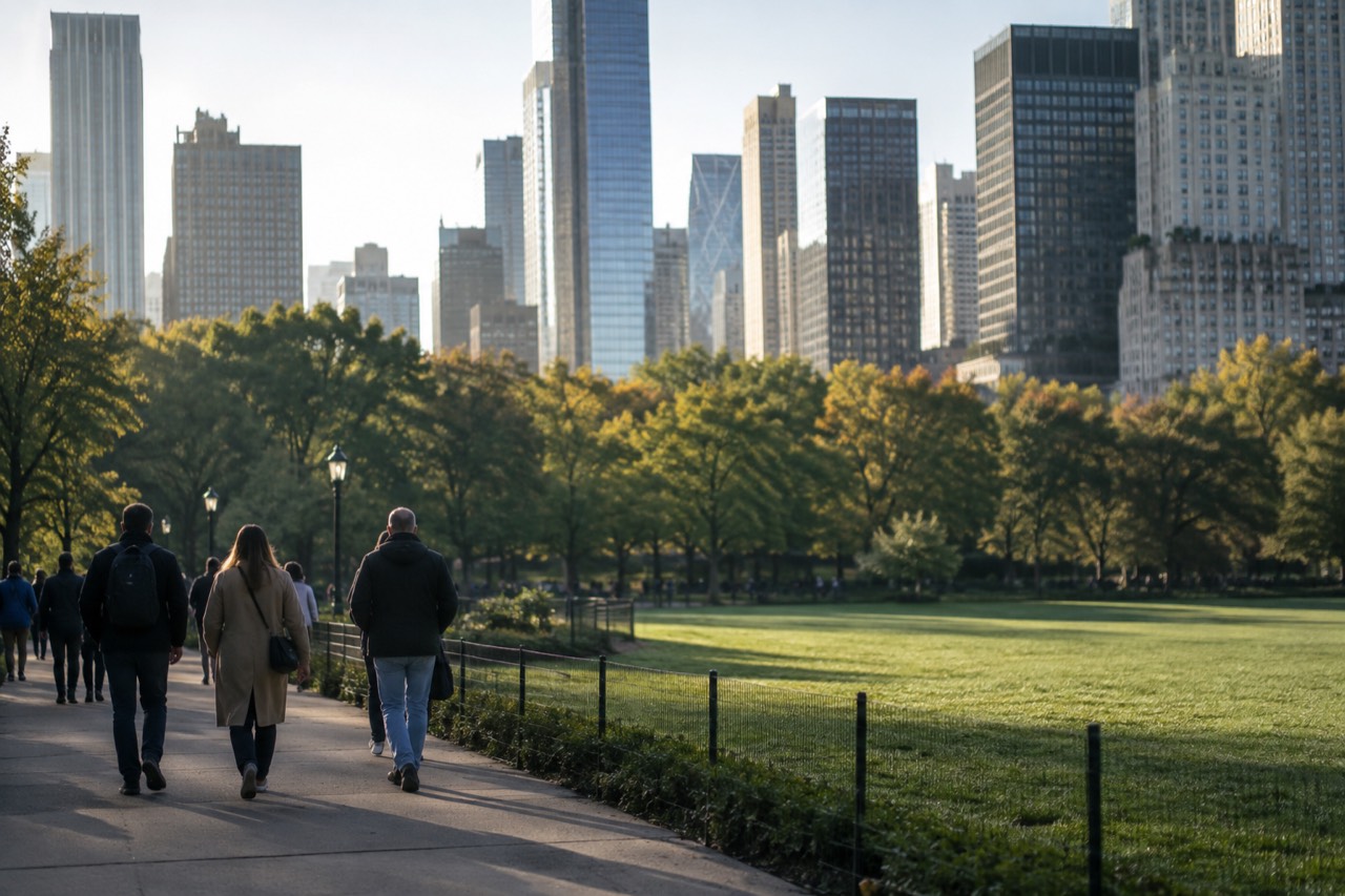 Visitors walking a wide path beside a large green lawn with skyscrapers behind the trees