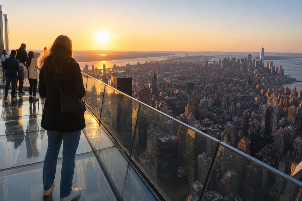 The glass-floored outdoor deck of a Hudson Yards observation attraction high above the city