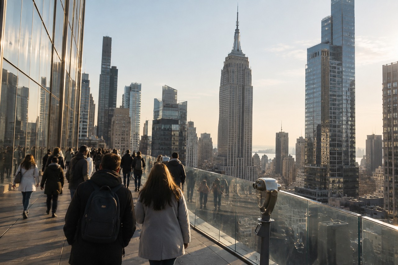 Visitors walking past the observation decks and skyscrapers of Midtown Manhattan on a bright morning