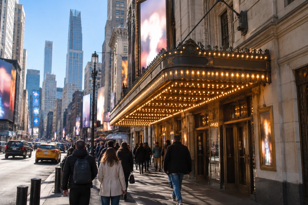 A brightly lit Broadway theater marquee at night with crowds on the sidewalk