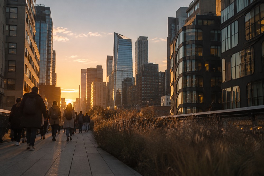 Visitors walking an elevated park path above city streets at dusk