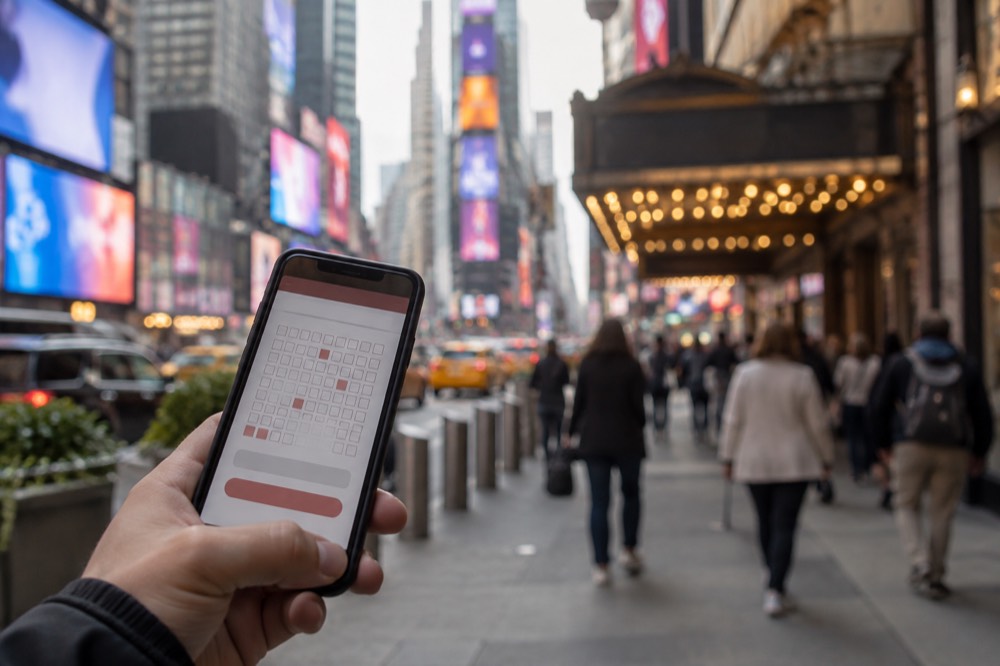 A smartphone held in a hand showing a lottery entry form outside a Broadway theater
